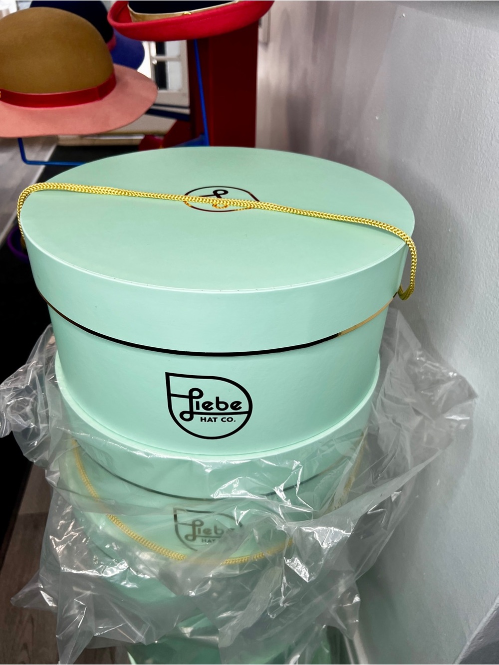Liebe Hat Co. Mint Hat Box with Gold Rope Brand New